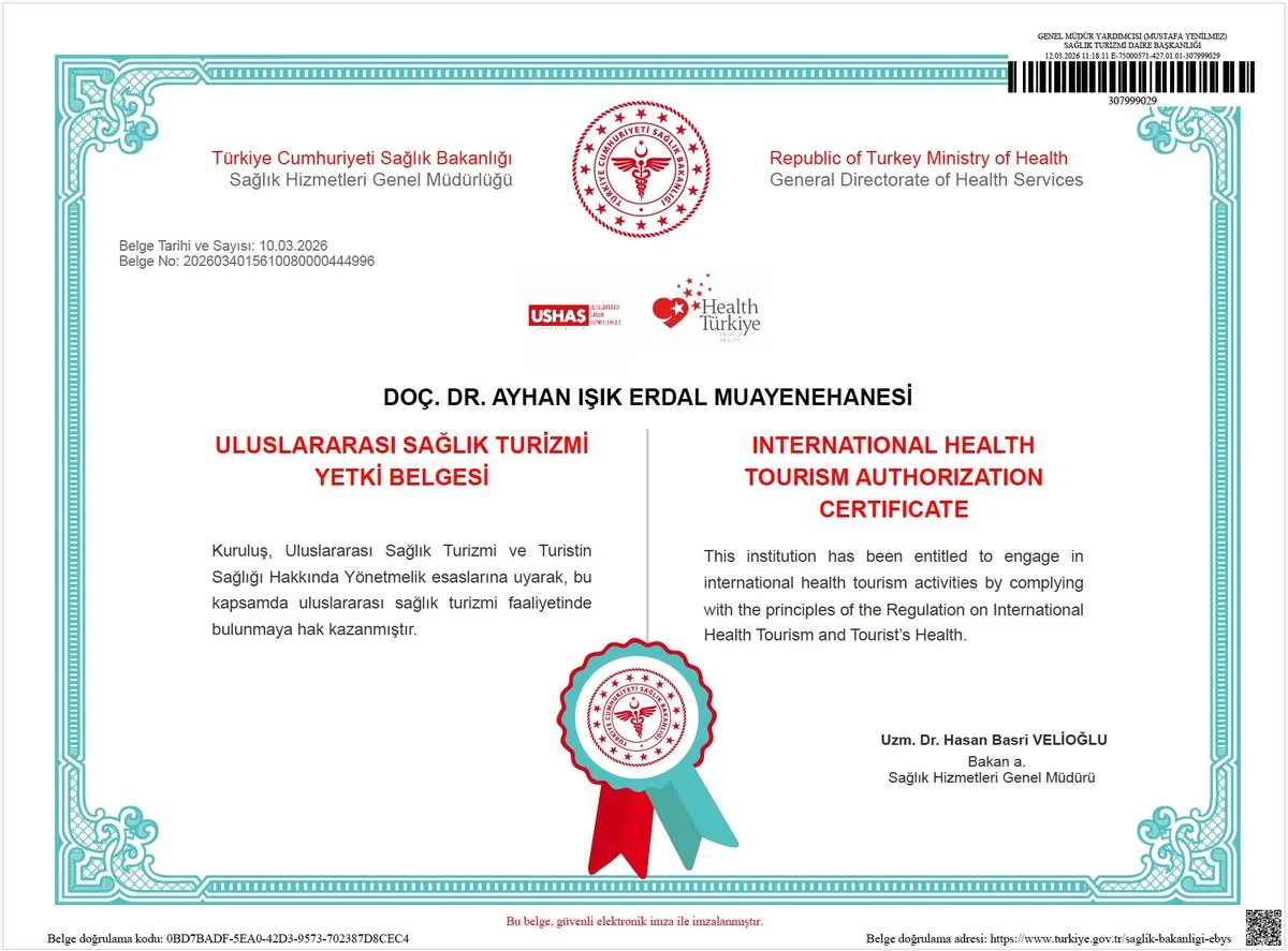 Republic of Türkiye Ministry of Health — International Health Tourism Authorization Certificate, No. 2026034015610080000444996, issued to Doç. Dr. Ayhan Işık Erdal Muayenehanesi